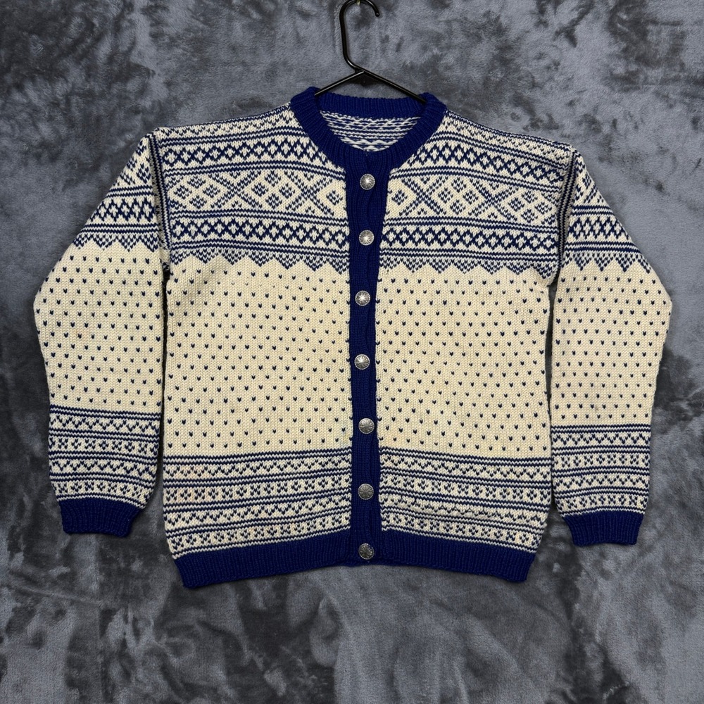 Unbranded Cardigan Sweater Womens Large Cream Blue Fair Isle Nordic Button Up